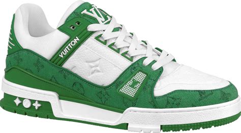 louis vuitton lv trainer sneaker low white green|louis vuitton denim trainers.